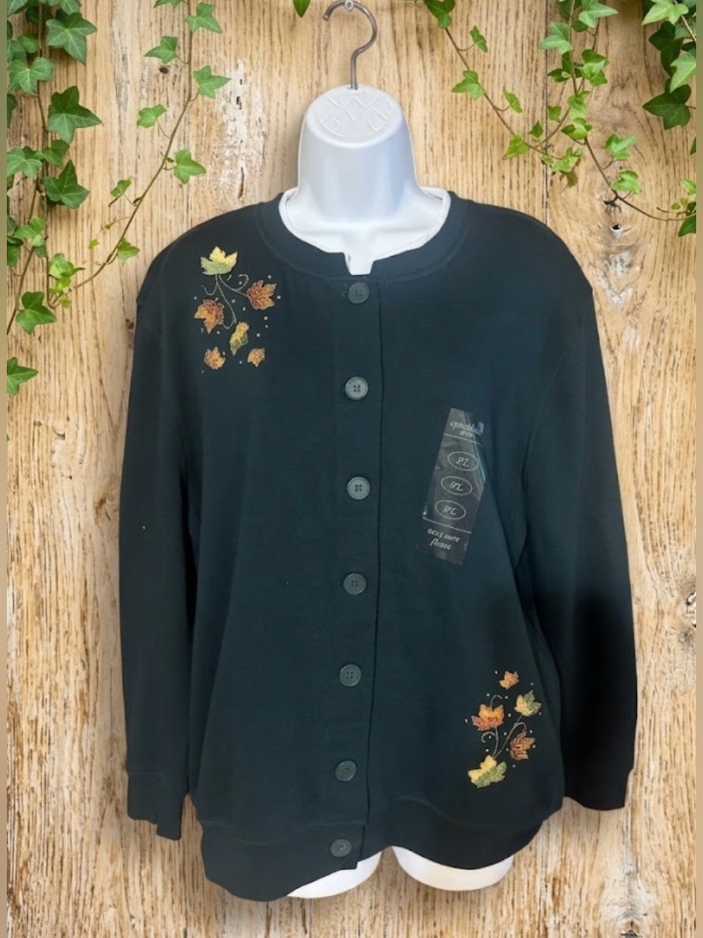 Women's Dark Green Button-Up Sweater with Embroidered Fall Leaves